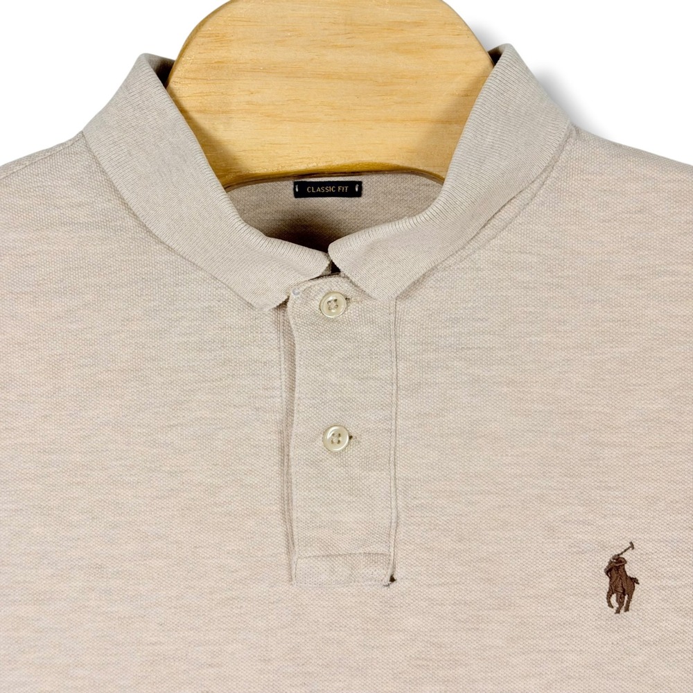 Polo Ralph Lauren Polo Shirt Men L Tan Classic Fit Cotton Utility Workwear Pony